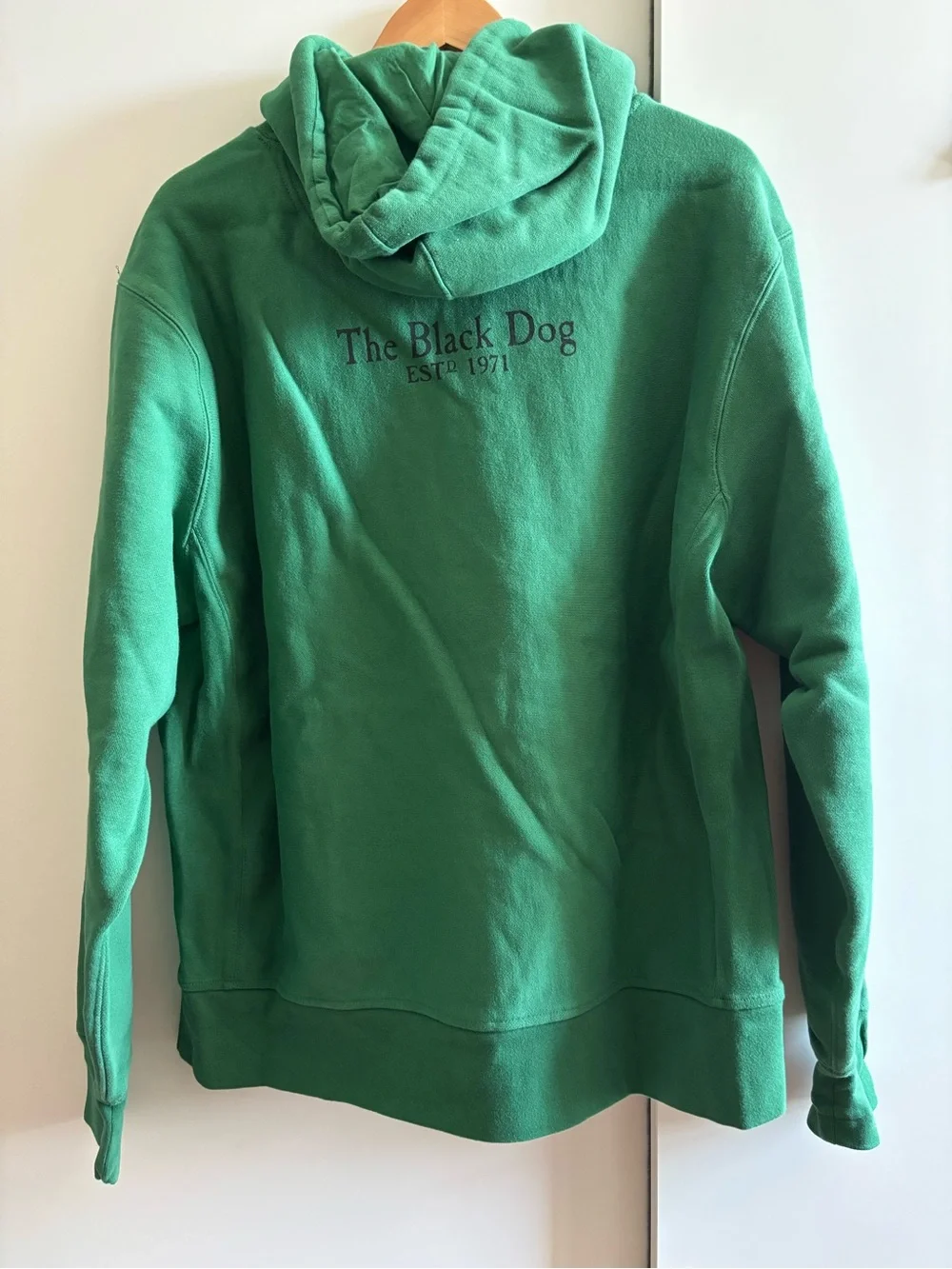 The Black Dog Green Hoodie with Black Dog Graphic size LARGE